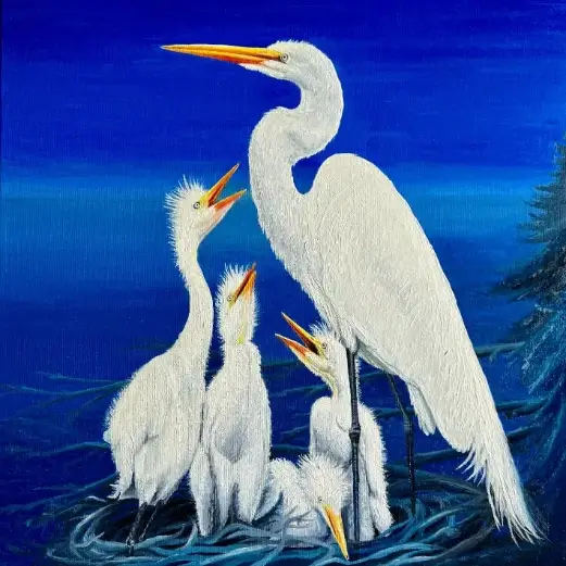 Hunger - The Great White Egret (Ardea alba), Indian ink and oil painting on canvas, 43x43 cm
