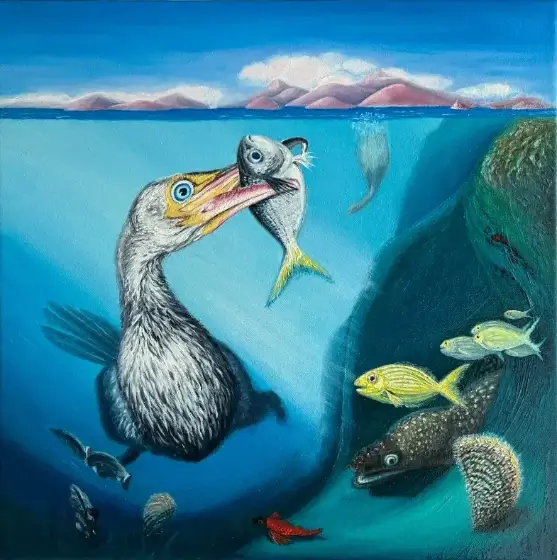 Awareness - Mediterranean Shag (Phalecrococorax aristotelis desmarestii), Indian ink and oil painting on canvas, 43x43 cm